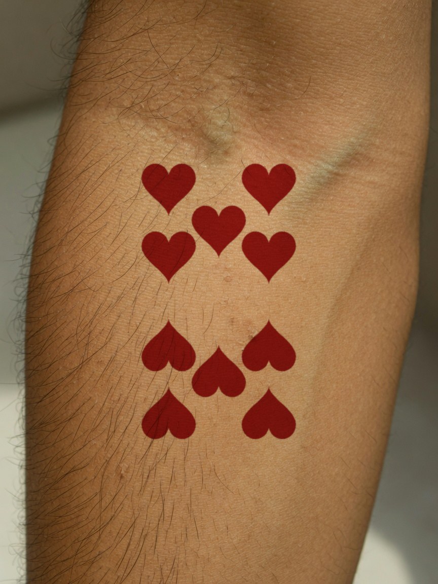 10 of Hearts pip tattoo on the outer forearm
