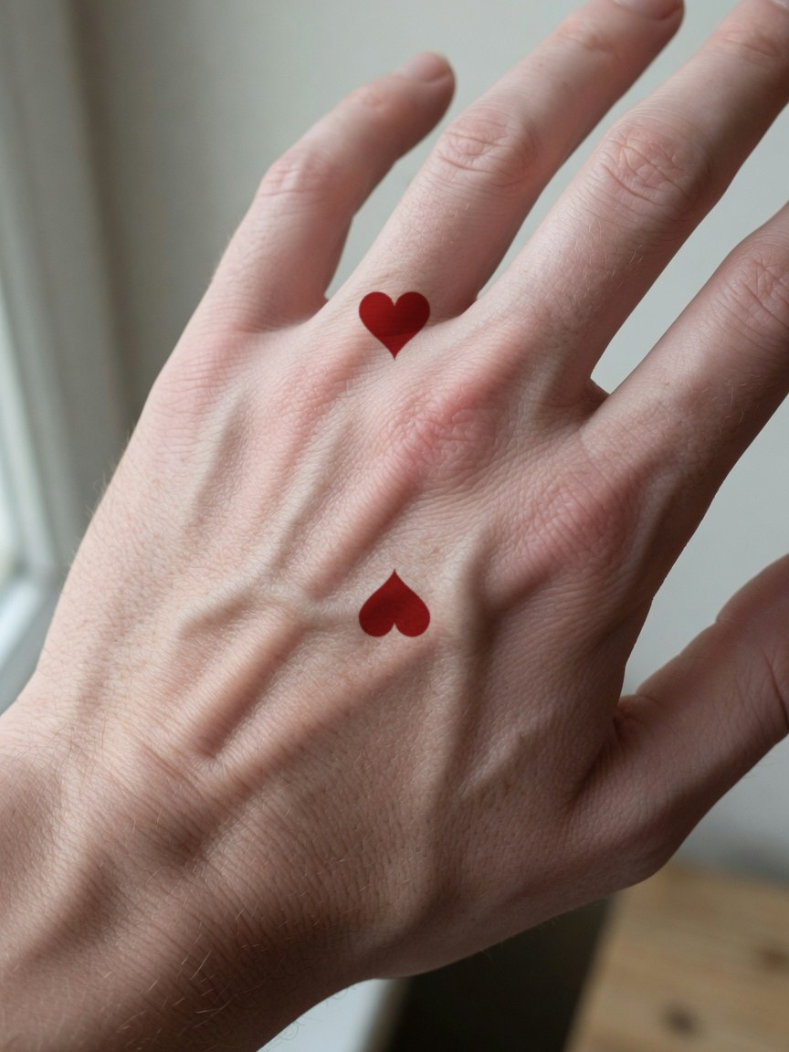 2 of Hearts pip tattoo on the back of the hand