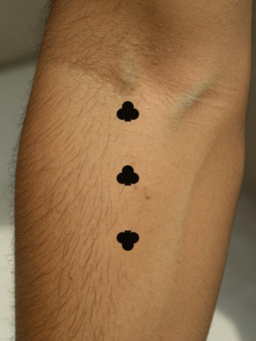 3 of Clubs pip tattoo on the outer forearm