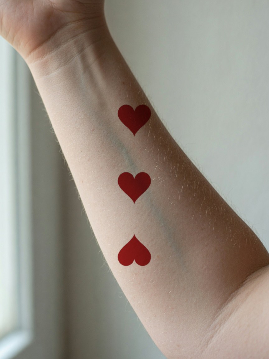 3 of Hearts pip tattoo on the inner forearm