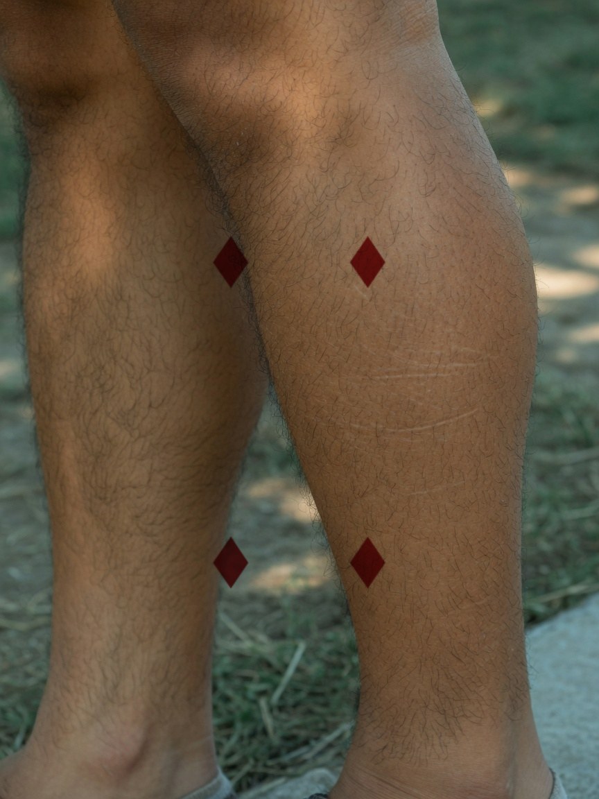 4 of Diamonds pip tattoo on the calf