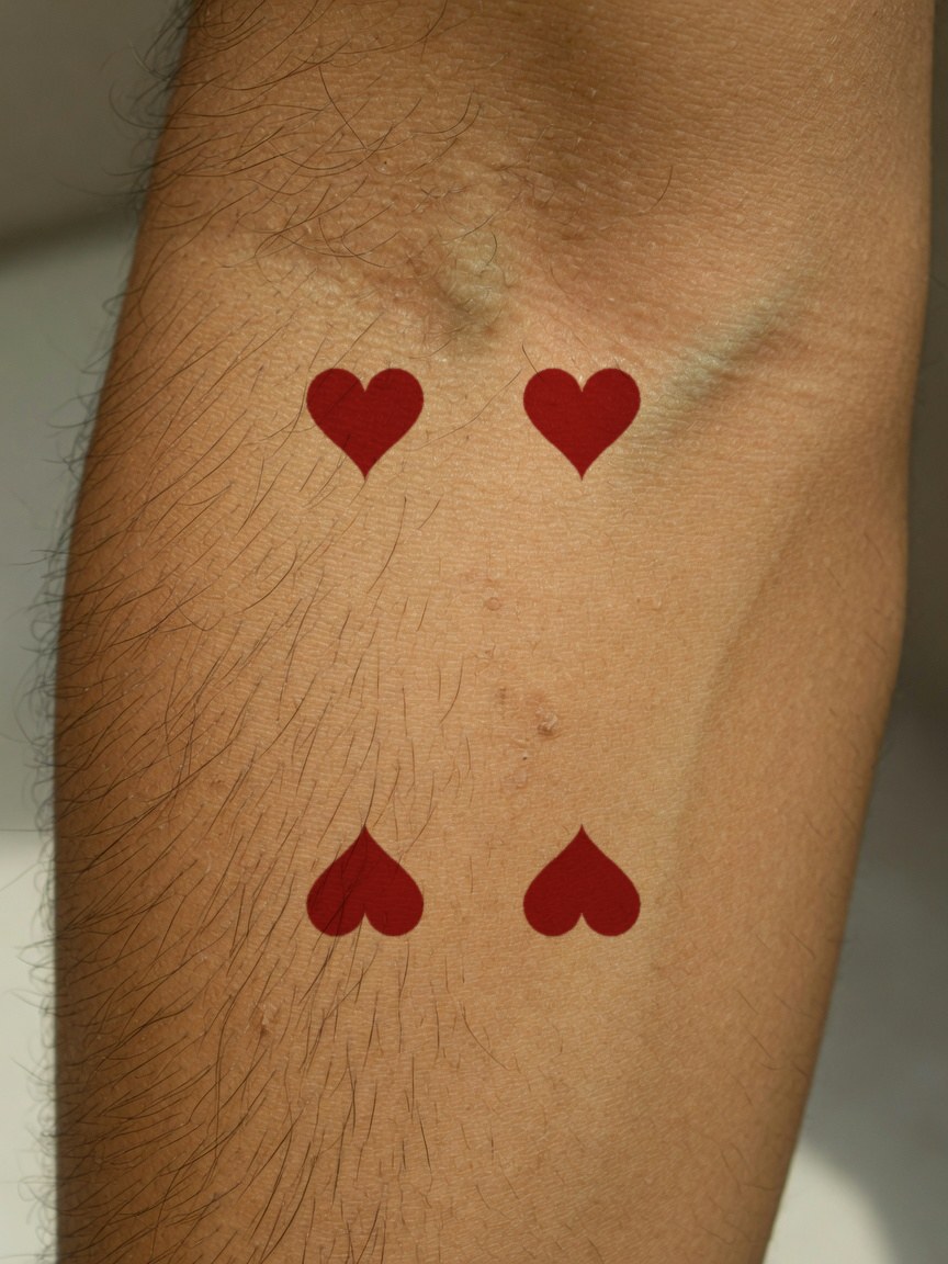 4 of Hearts pip tattoo on the outer forearm