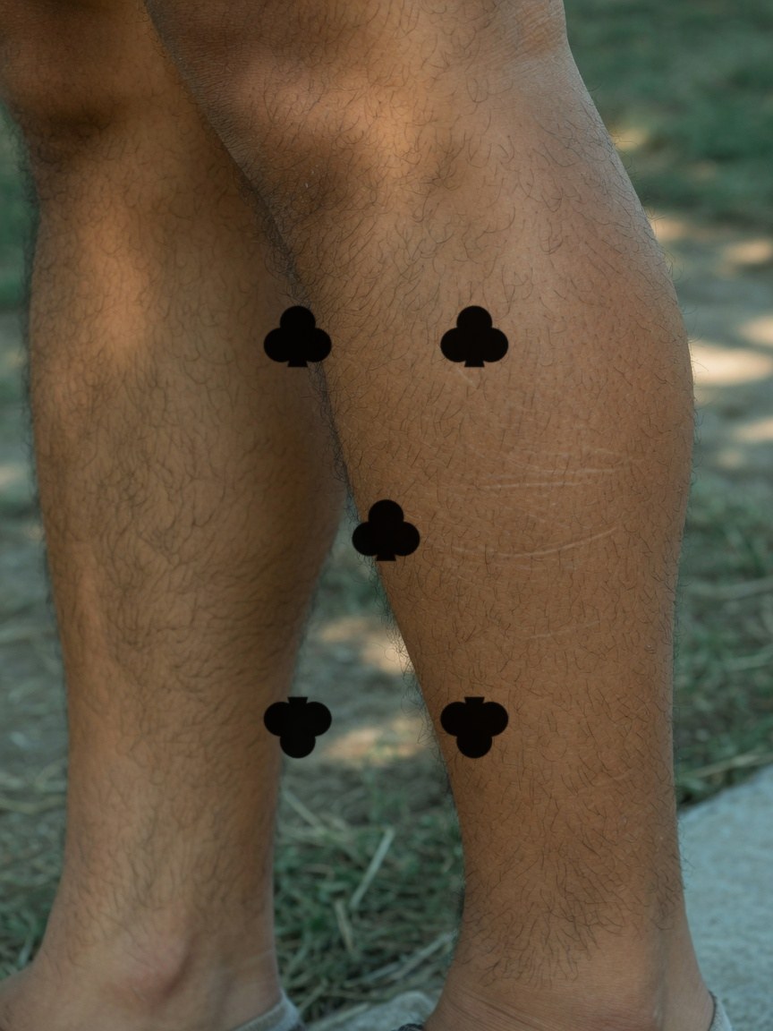 5 of Clubs pip tattoo on the calf