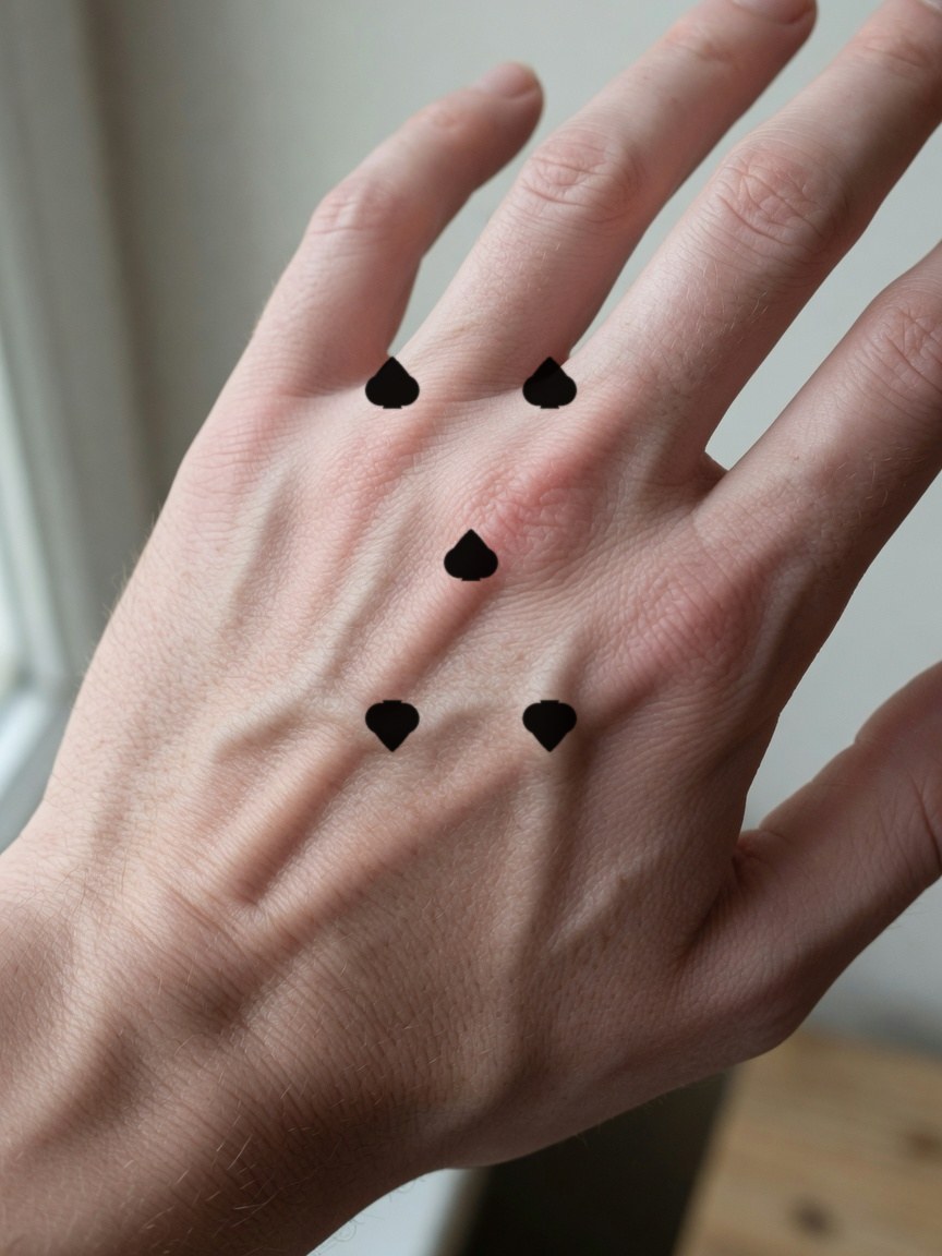 5 of Spades pip tattoo on the back of the hand