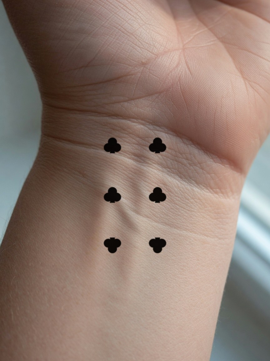 6 of Clubs pip tattoo on the inner wrist