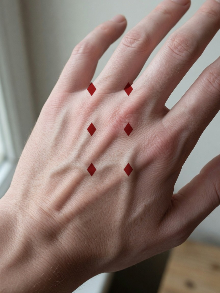 6 of Diamonds pip tattoo on the back of the hand