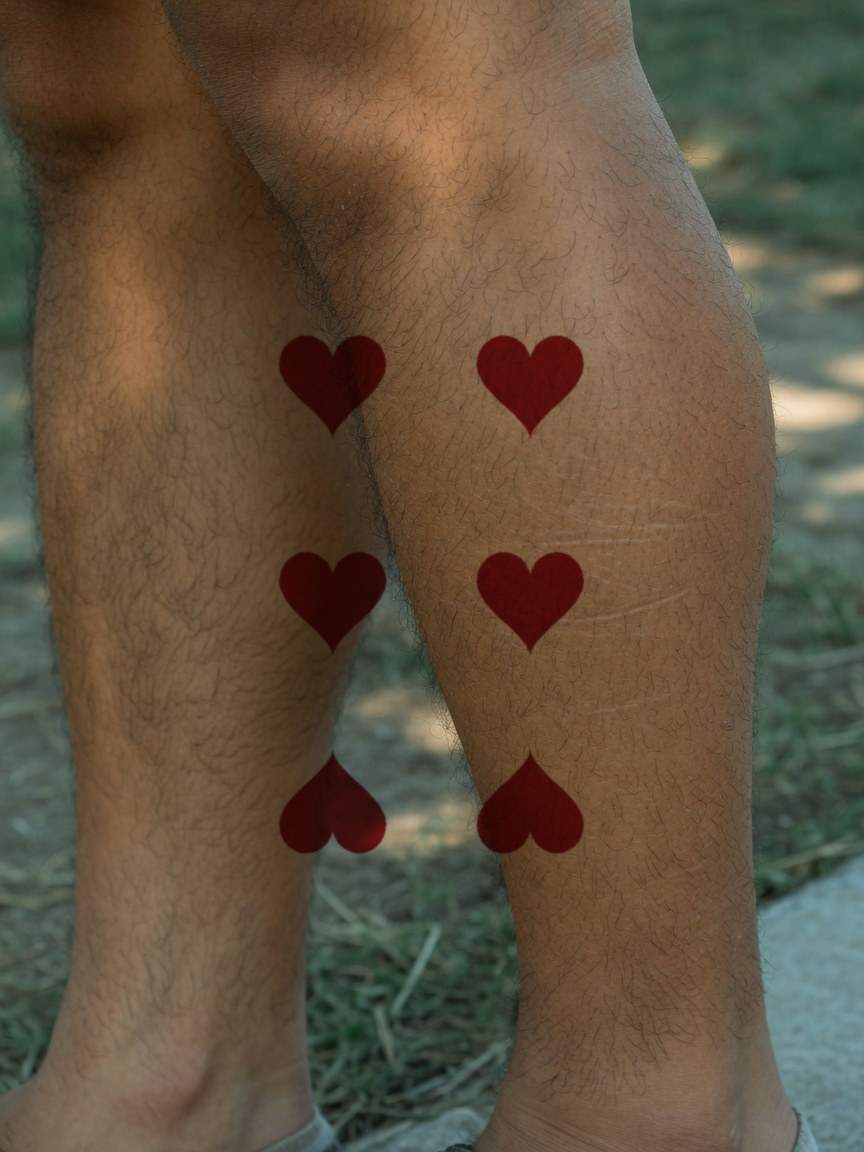 6 of Hearts pip tattoo on the calf