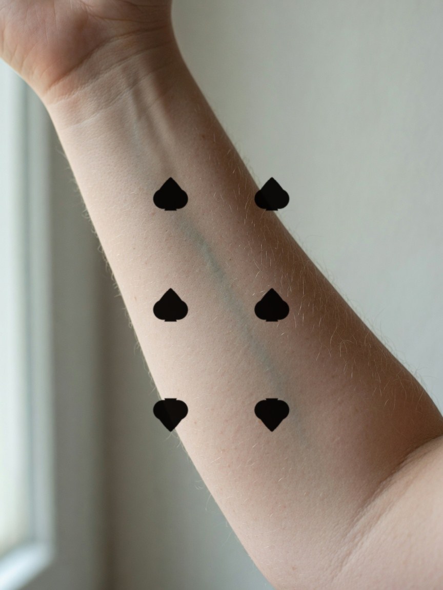 6 of Spades pip tattoo on the inner forearm