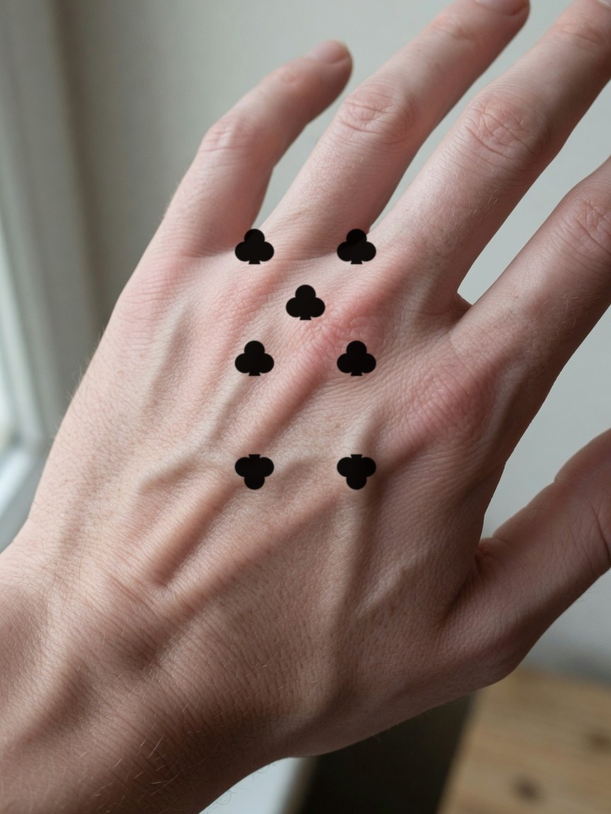 7 of Clubs pip tattoo on the back of the hand
