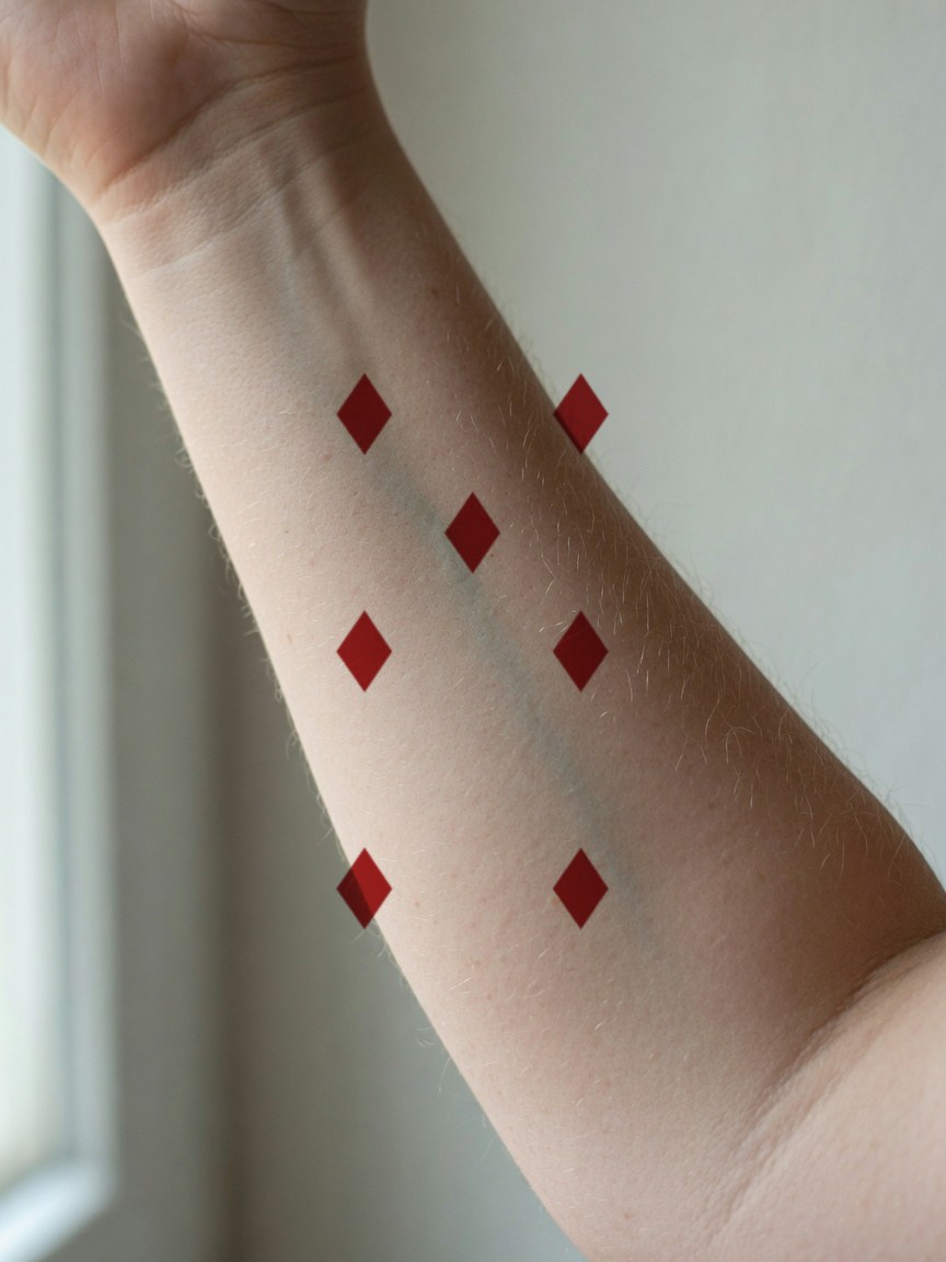 7 of Diamonds pip tattoo on the inner forearm