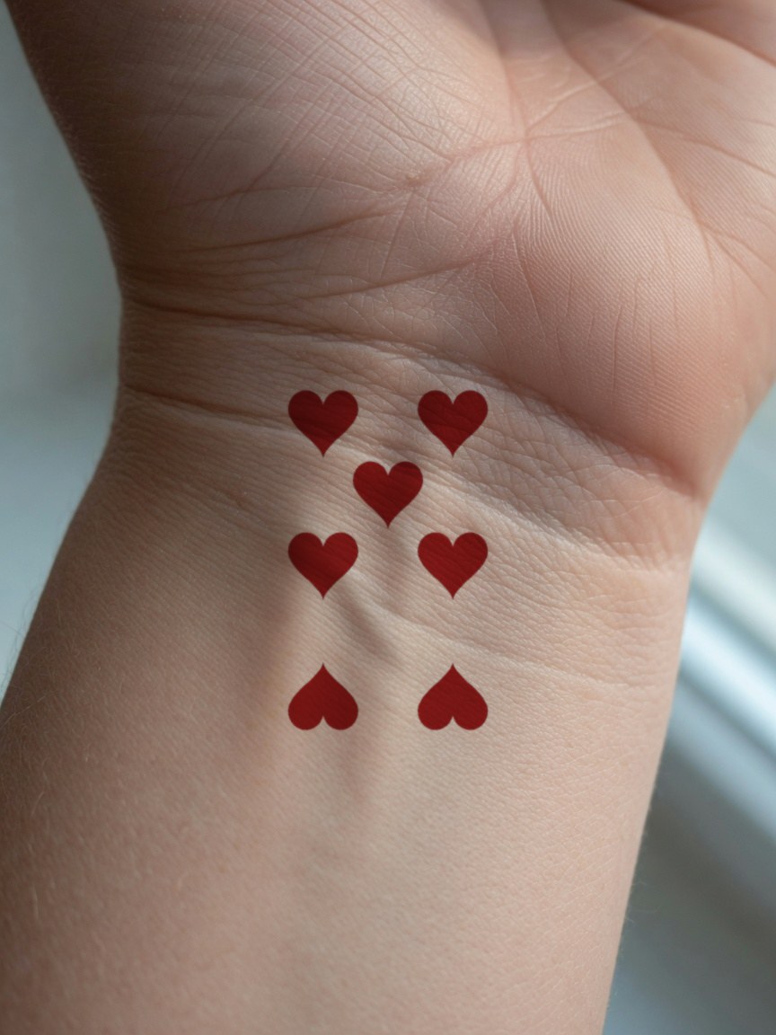 7 of Hearts pip tattoo on the inner wrist