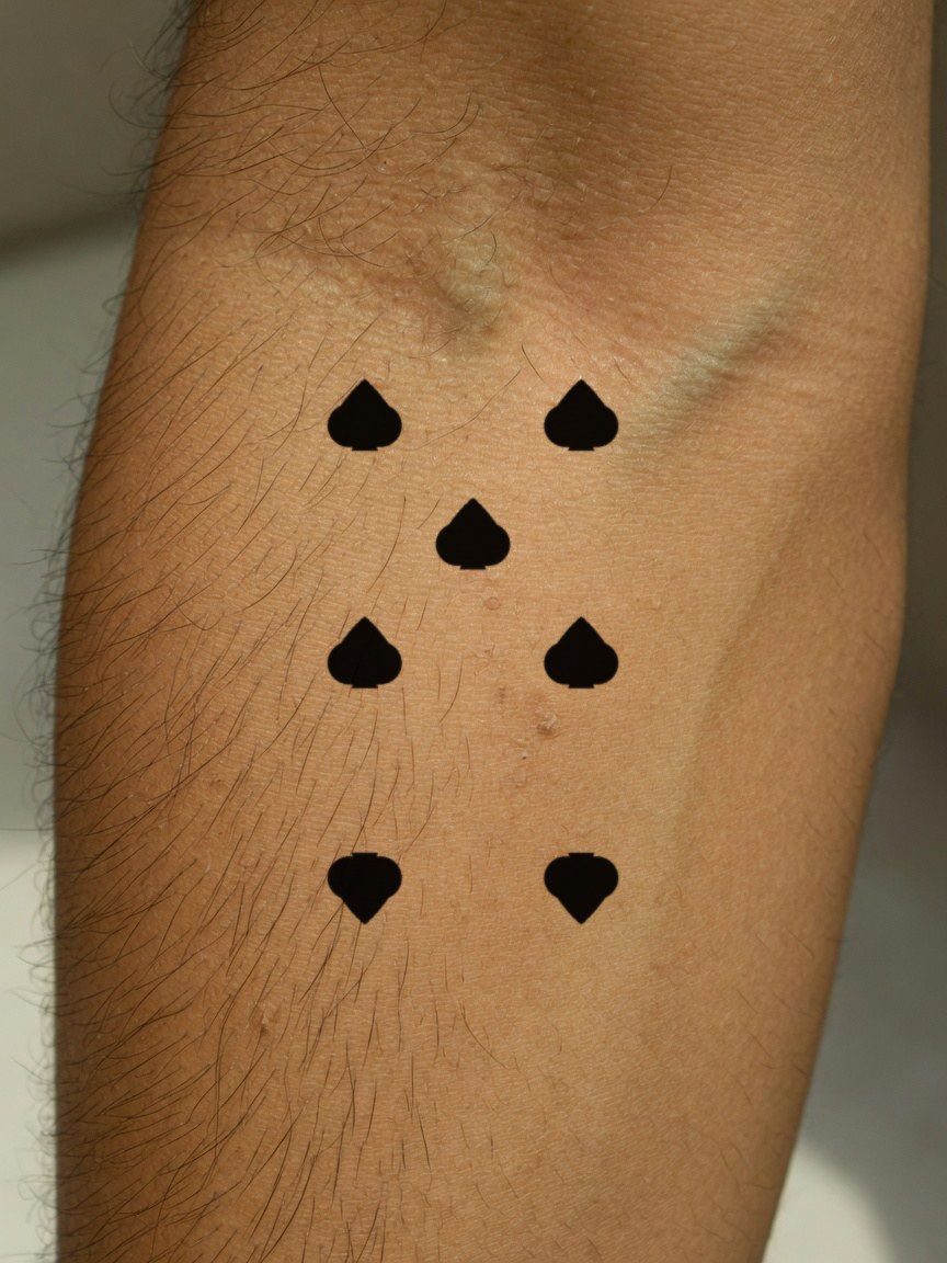 7 of Spades pip tattoo on the outer forearm