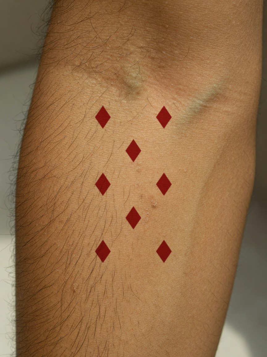 8 of Diamonds pip tattoo on the outer forearm