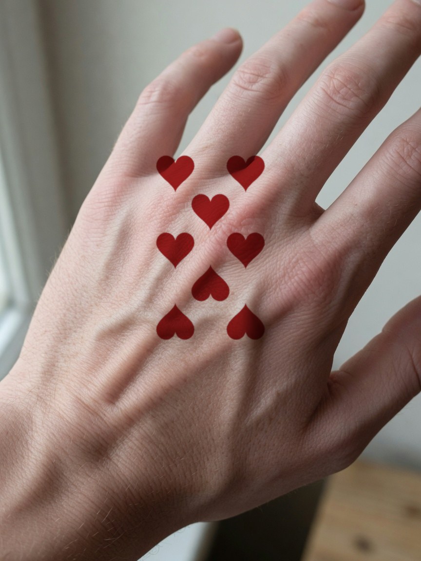 8 of Hearts pip tattoo on the back of the hand