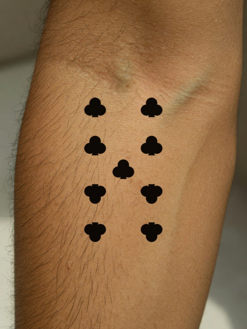 9 of Clubs pip tattoo on the outer forearm