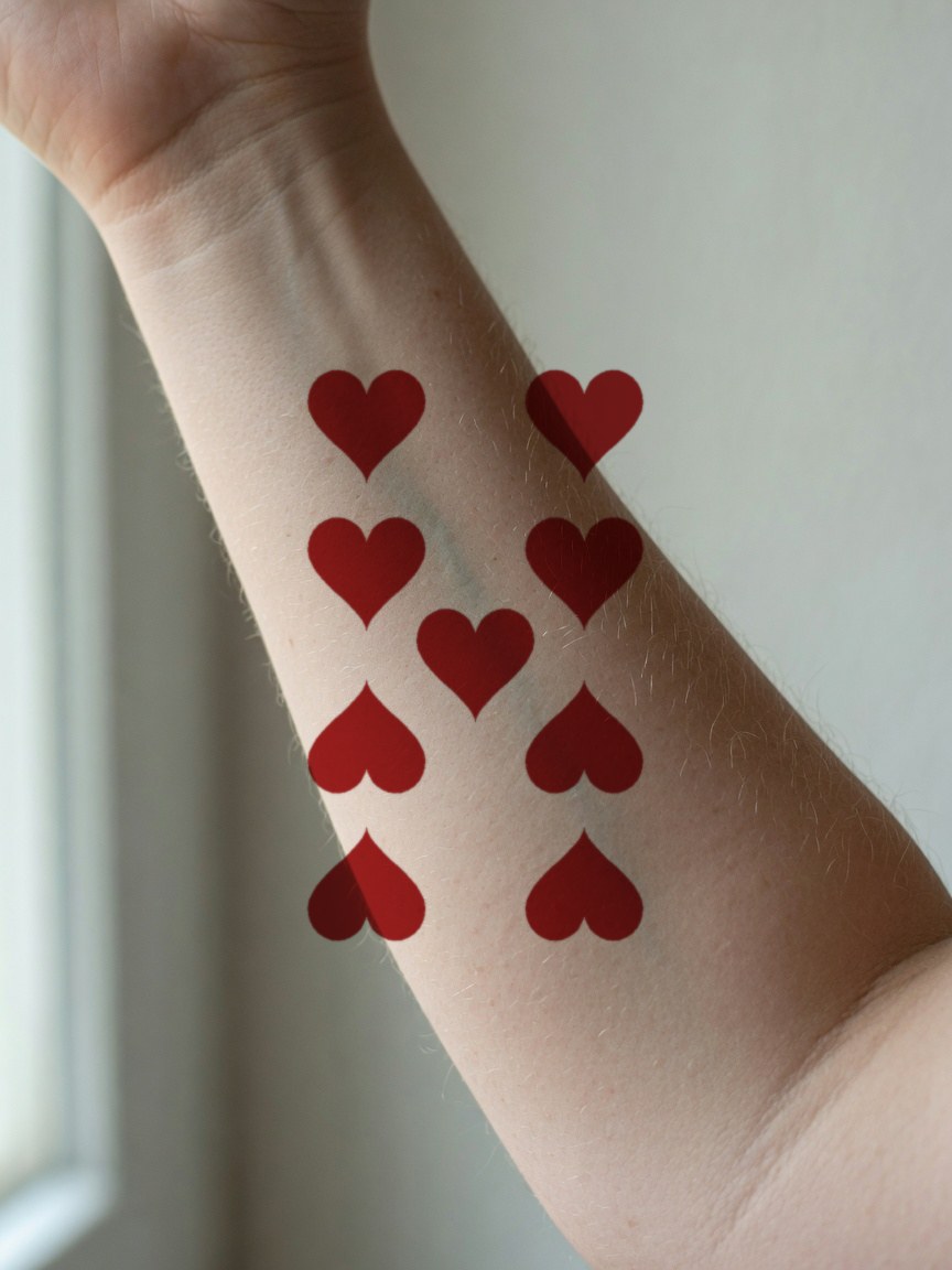 9 of Hearts pip tattoo on the inner forearm