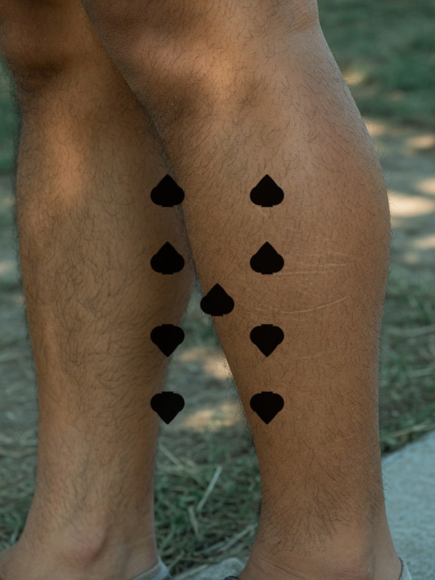 9 of Spades pip tattoo on the calf