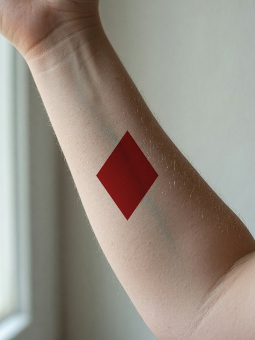 Ace of Diamonds pip tattoo on the inner forearm