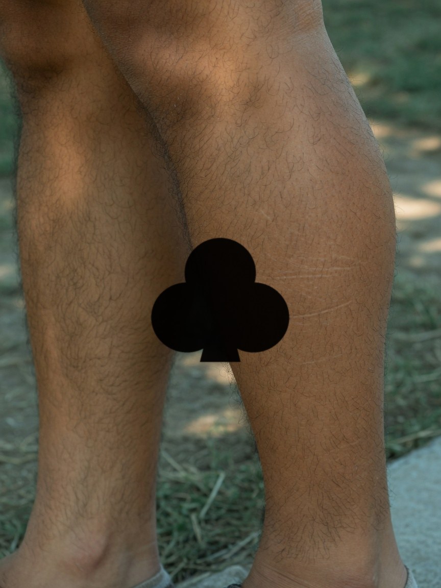 Jack of Clubs pip tattoo on the calf