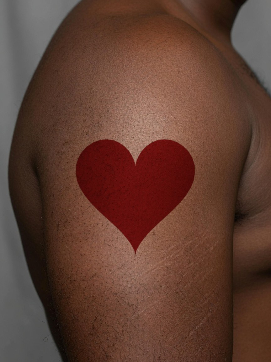 Jack of Hearts pip tattoo on the upper arm