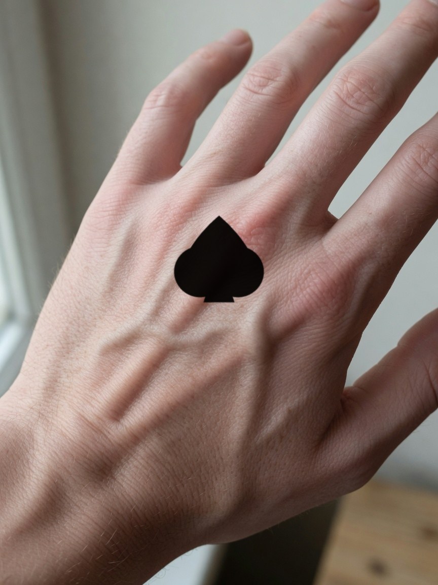 Jack of Spades pip tattoo on the back of the hand