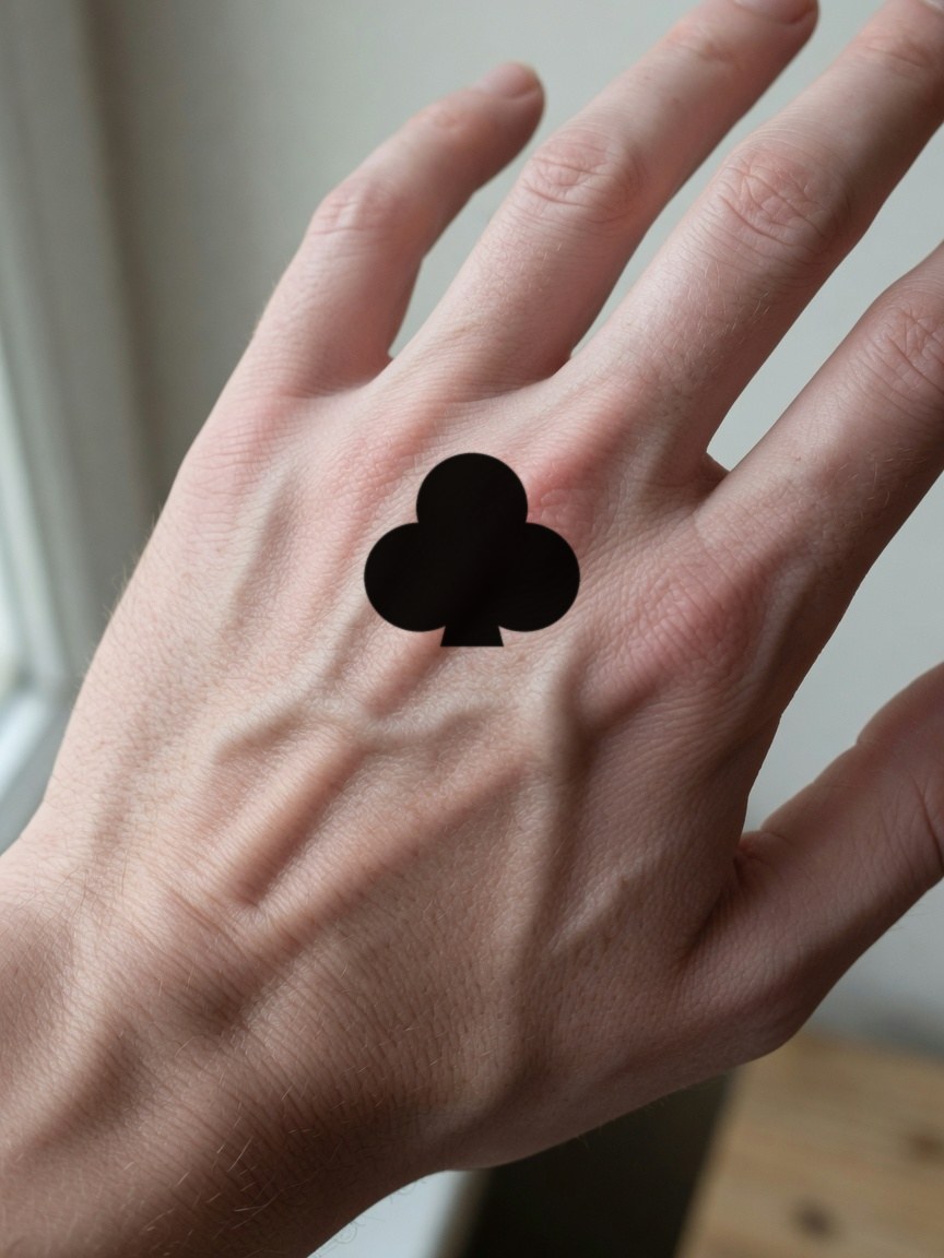 King of Clubs pip tattoo on the back of the hand
