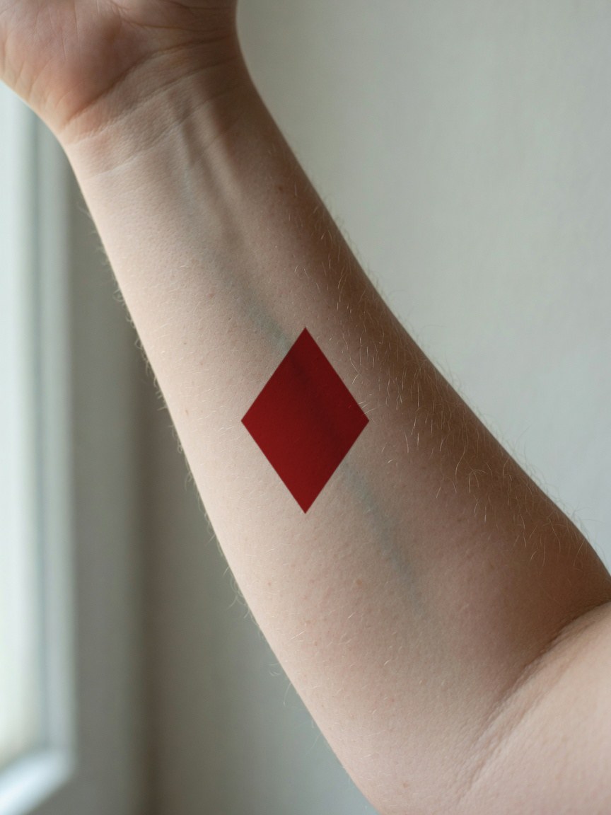 King of Diamonds pip tattoo on the inner forearm
