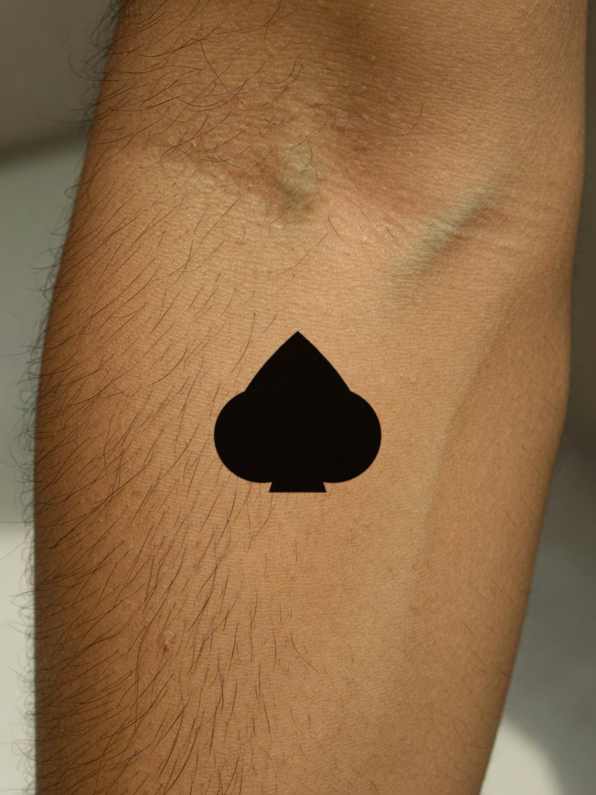 King of Spades pip tattoo on the outer forearm