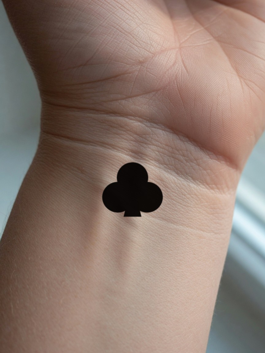 Queen of Clubs pip tattoo on the inner wrist