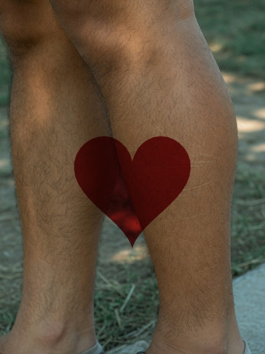 Queen of Hearts pip tattoo on the calf