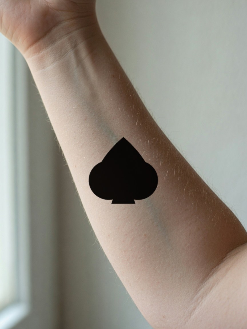 Queen of Spades pip tattoo on the inner forearm